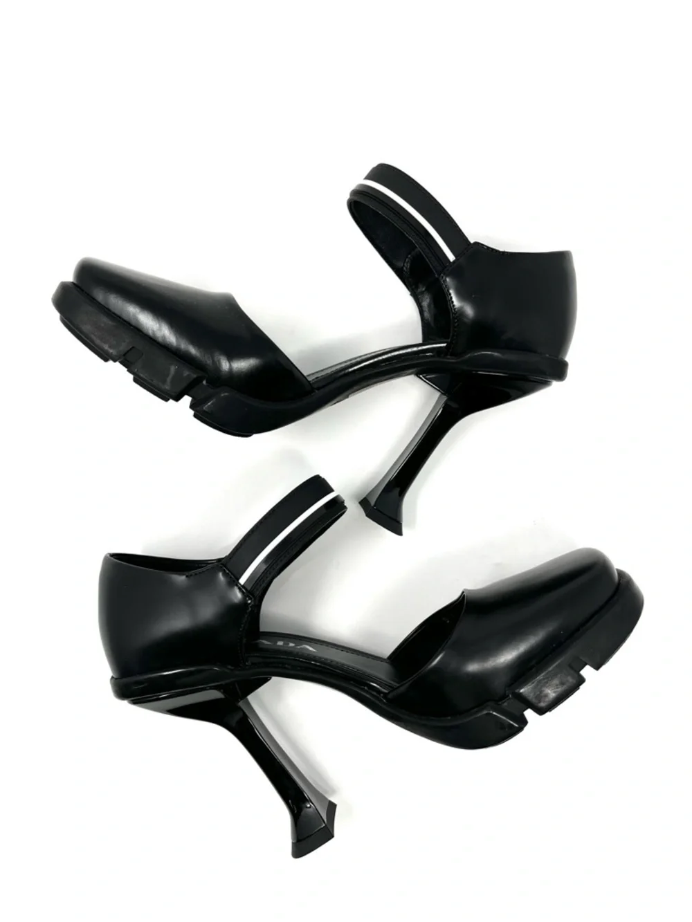 Prada Mary Jane Chunky Platform Logo High Heels Pumps Black White Leather 37 7